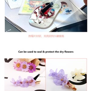 May include: A clear bottle of resin sealant with a black brush applicator. The text "Can be used a top coating for Shrink Dink" is above the bottle. The text "热缩片封层,光亮层持久硬度高" is below the bottle. The text "Can be used to seal & protect the dry flowers" is above two examples of dried flowers with resin sealant. The text "干花保护" is below the dried flowers.
