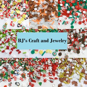May include: A collage of colorful craft supplies, including snowflake, candy cane, and Santa Claus-themed polymer clay slices. The image also features the text "BJ's Craft and Jewelry" on a blue background.