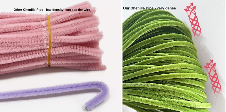 May include: Two bundles of chenille pipe cleaners, one pink and one green. The pink bundle is labeled "Other Chenille Pipe - low density, can see the wire". The green bundle is labeled "Our Chenille Pipe - very dense".