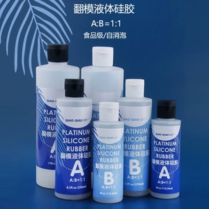 May include: A collection of clear plastic bottles with black and white caps, labeled "Platinum Silicone Rubber." The bottles contain a liquid, with text indicating a 1:1 ratio. The background is a gradient blue.