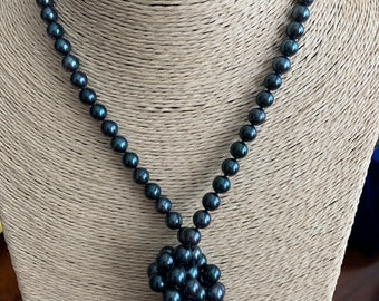 6.0-6.5 Peacock Black Akoya Pearl Necklace, Adjustable 33" Length, Opera Length