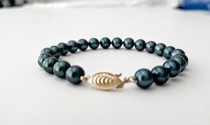 Saltwater Black Akoya Real Pearl Bracelet 14K Gold Clasp Birthday Jewelry Hand Knotted Bridal Jewelry 6.5-7 mm SALE Various hues.
