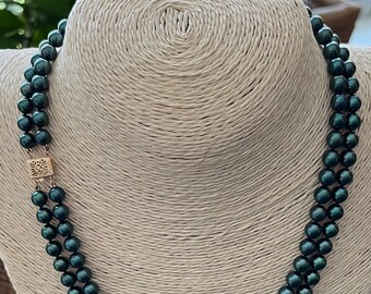 6.5-7mm Black Akoya Pearl Necklace-Double Strand -Solid 14k Yellow Gold-Hunter Green Overtone