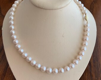 7.2-7.7 MM~White Akoya Pearl Necklace~Solid 14K Gold-Ready to Ship