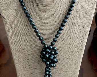 Peacock 7-7.5 Black Akoya Pearl Opera Length Strand Necklace-Peacock Multi Hued, Adjustable 33" Length