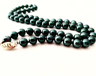 Akoya-6.5-7 Black/HunterGreen Pearl Necklace- Solid 14K-AAA-Ready to Ship-Authentic