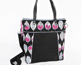 Schwarze Schultertasche / Shopper mit Blättern in weiß, grau und pink