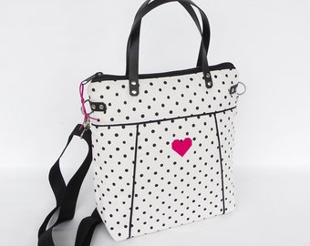 Gepunktete cremefarbene Schultertasche / Henkeltasche mit Print