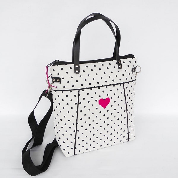 Gepunktete cremefarbene Schultertasche / Henkeltasche mit Print