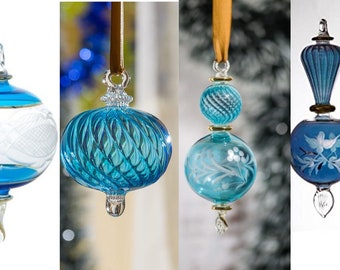 Blue Glass Christmas Ornaments, Hanging Holiday Decor, Set of 8