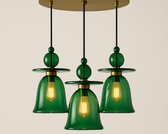 Emerald Green Glass Chandelier | 3-Light Brass Pendant