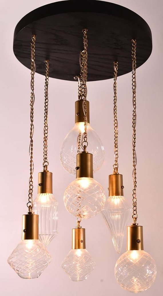 Engraved Pyrex and Halogen Chandelier 7 Pendants Lighting