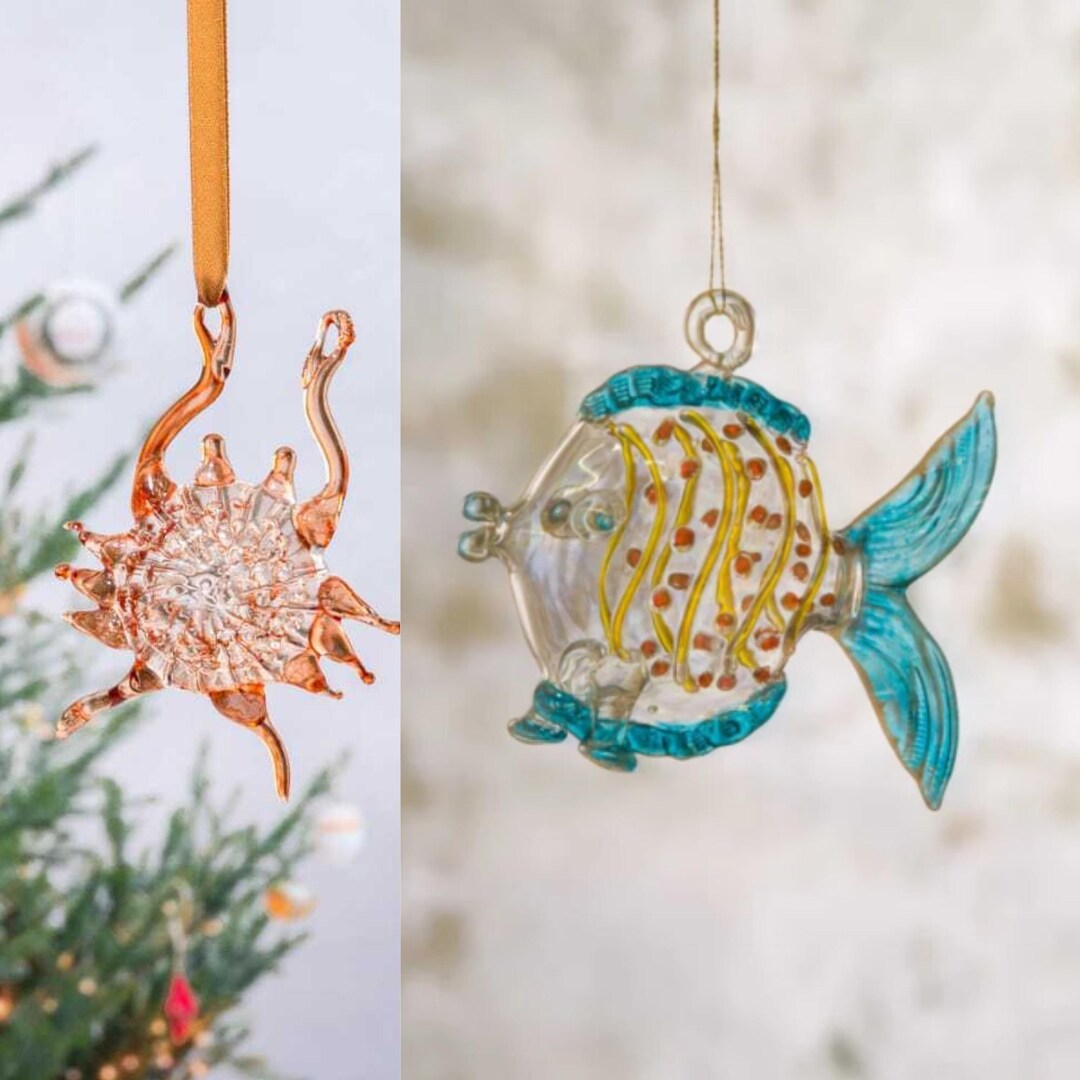 Handmade Blown Glass Sea Ornaments, Christmas Fish & Crab Set - Etsy