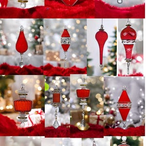 Könnte beinhalten: Eine Sammlung roter Christbaumkugeln aus Glas in verschiedenen Formen, darunter Tropfen, Kugeln und längliche Designs. Einige Ornamente weisen silberne und goldene Akzente auf, während andere klare Kristallverzierungen haben. Die Ornamente werden auf einer roten, strukturierten Oberfläche präsentiert.