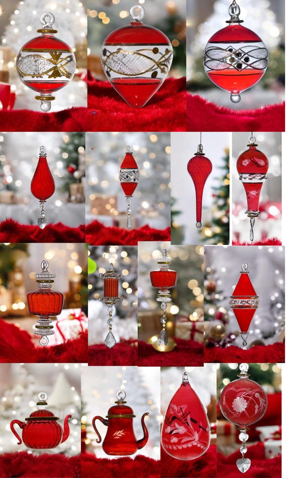 赤いガラスのクリスマスオーナメントセット、クリスタルとゴールドの