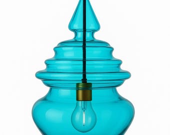 Mundgeblasene Aqua-Pendelleuchte, Beleuchtung aus mundgeblasenem Glas für die Dekoration der Kücheninsel