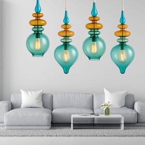 Blown Glass Pendant Lights - Modern Colorful Kitchen Lighting - Set of 4