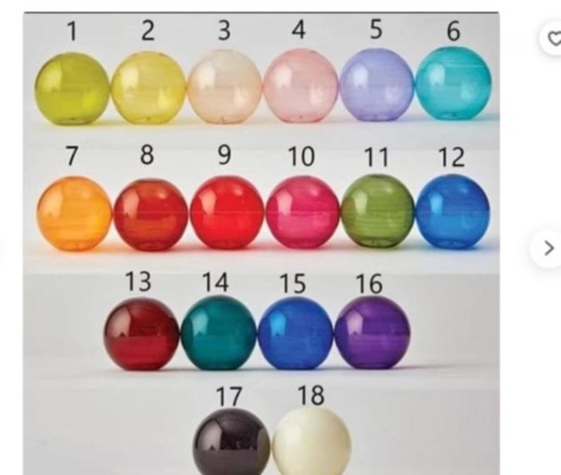May include: A grid of eighteen colorful, transparent spheres. The spheres are arranged in rows and columns, each with a different hue, including yellow, pink, blue, and green. Numbers 1-18 are printed above each sphere.