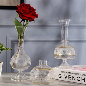 3 vase set, blown glass vases set of 3 , engraved glass vases