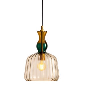 Mid-Century Modern Glass Pendant Light – Amber Ribbed Shade with Brass & Green Accents