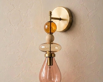 Amber and pink Glass Globe Brass Wall Sconce - Stylish Mid Century Modern Lighting for Bedroom, Hallway & Bath
