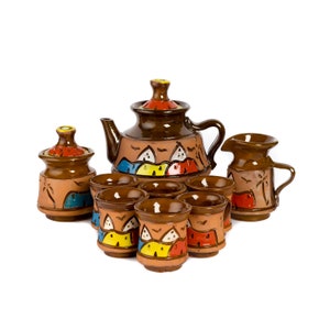 Egyptian Pottery Coffee Set /Turkish Coffee pottery Set / Clay pot with 6 cups and Milk Pot and Sugar bowl