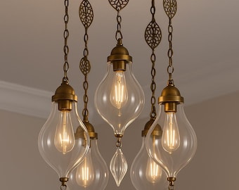 Hand-Blown Glass Pendant Chandelier | Modern Arabic Brass Ceiling Lamp