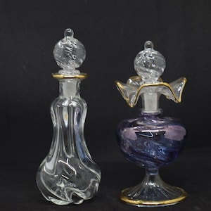 perfume bottle antique Egyptian handmade blown glass Pyrex set  of 2  with a golden trim romantic gift