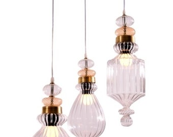 Custom Pyrex Glass Chandelier, Brass Base, Clear Pendant Lighting