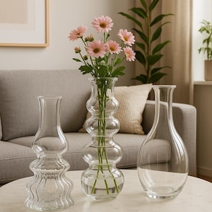 Handblown Clear Glass Vase Set of 3: Modern Centerpiece Decor