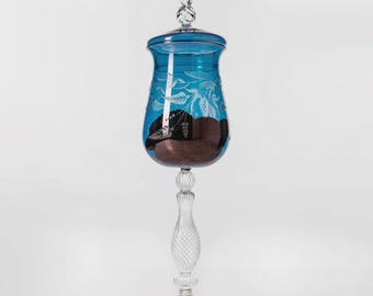 Handmade Blown Glass Candy Dish: Engraved Turquoise Candy Jar