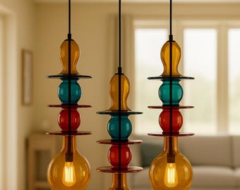 Hand-Blown Multi-Color Glass Pendant Light with Brass Canopy | Amber Teal Red 3-Light Cluster Fixture