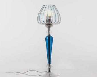 Lámpara de mesa de cristal azul hecha a mano: diseño moderno de cilindro