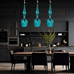 Hand blown ceiling fixtures  set of 3, Glass pendant Set of 3, Blown glass lighting , blue glass light