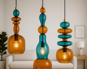 Mundgeblasene Glas Pendelleuchte Trio: Aqua Blau & Tangerine Moderne Beleuchtung