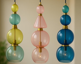 Handblown Glass Pendant Light Trio: Modern Colorful Hanging Lights