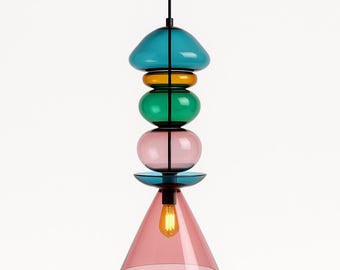 Handgjord taklampa i blåst glas – staplad geometrisk Pyrex, modern konstbelysning