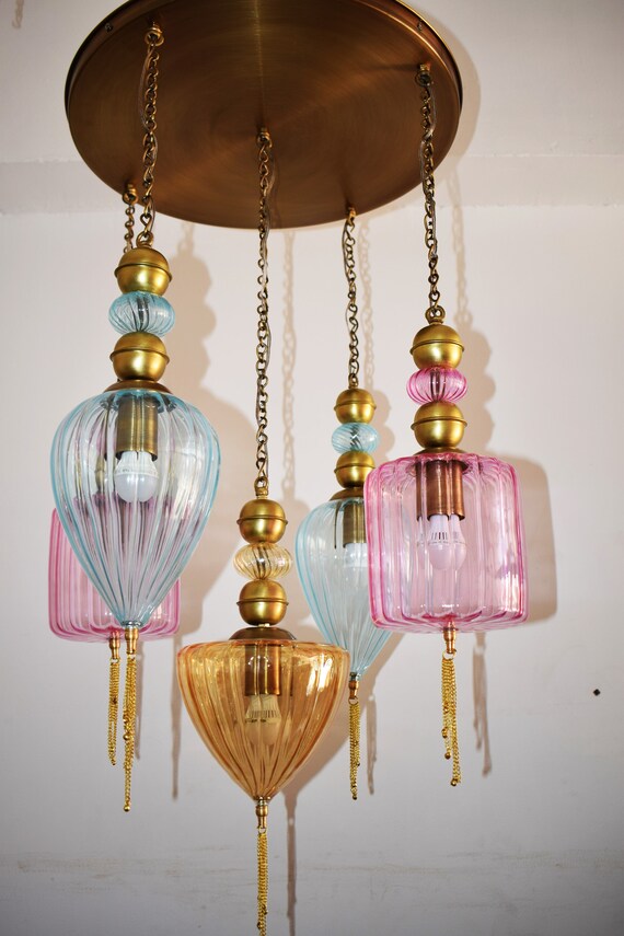 Modern Lighting Chandelier Blown Glass Set of 5 Hand Painted
