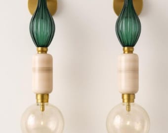 Emerald Green Blown Glass Wall Sconce Set of 2 : Brass Accent Lighting