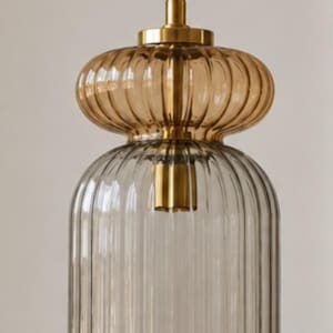 Hand Blown Glass Pendant Light - Ribbed Totem Stacked Glass Chandelier - Mid Century Modern Ceiling Lighting, Amber & Clear Art Deco Fixture