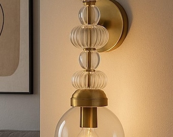 Handmade Clear Blown Glass Wall Sconce - Brass Mount, E27