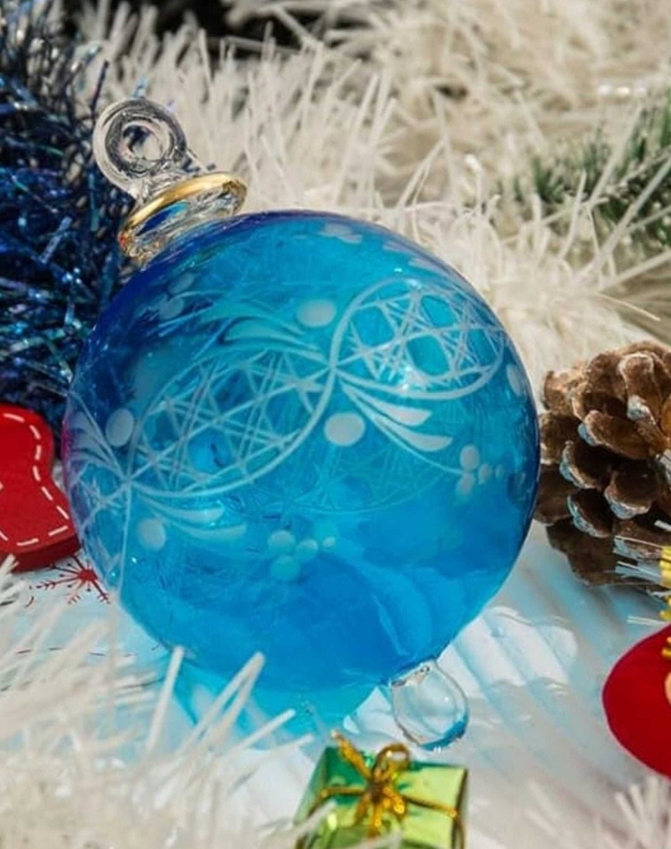 Hand-Blown Glass Christmas Ornaments - Clear & Turquoise Egyptian Design Tree Decorations