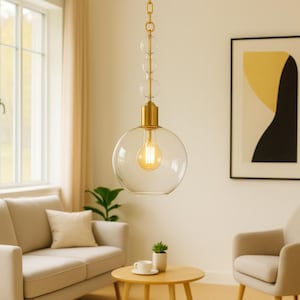 Handblown Glass Ball Pendant Light: Brass Hardware, Modern Minimalist