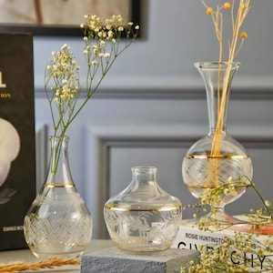 bud vase glass set of 3, Glass Vase Set of 3, Engraved vases, handmade vases, clear vases with golden trim for home decoration
