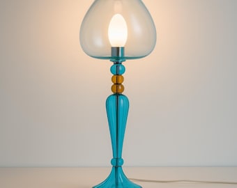 Hand Blown Blue Glass Table Lamp: Amber Bead Art Deco Lighting