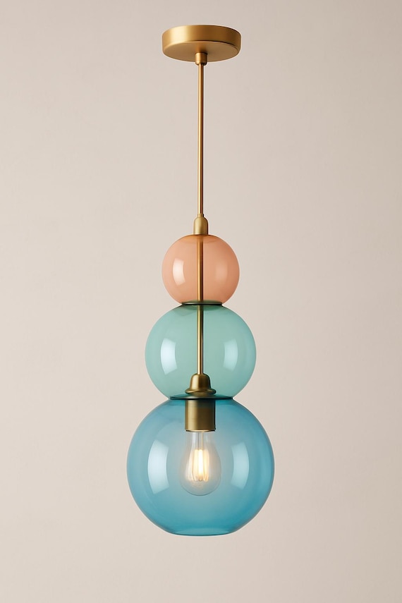 Blown Glass Pendant Light: Peach, Aqua Blue Modern Art