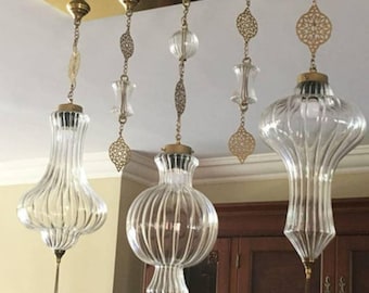 Handmade Blown Glass Chandelier, Adjustable Brass Chains, Art Glass Lighting