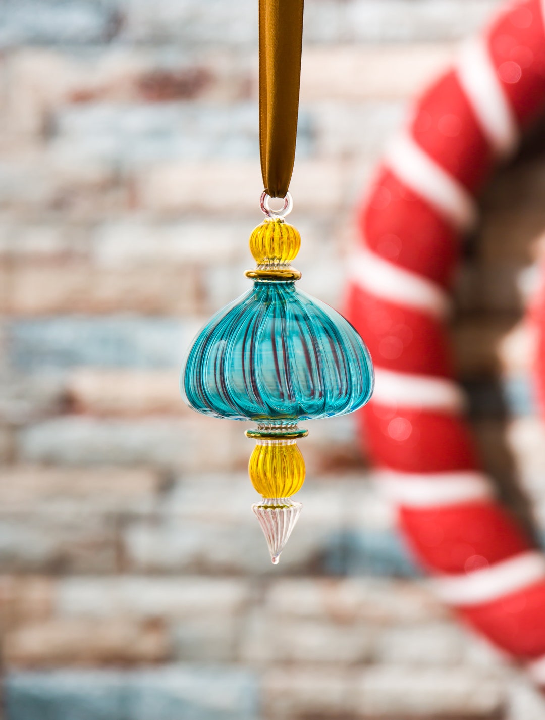 Multi Color Christmas Ornaments Blue and Yellow Ribbed Glass , Hanging Tree Decoration for Home