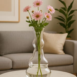 Handmade Clear Glass Flower Vase: Sculptural Home Decor, 25cm