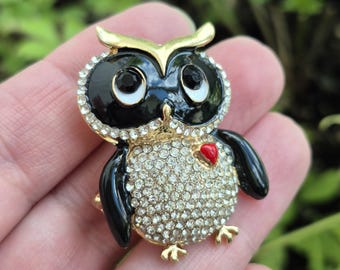Rhinestone Owl Brooch with Red Heart, Gold Tone Crystal Bird Pin, Owl Lover Gift